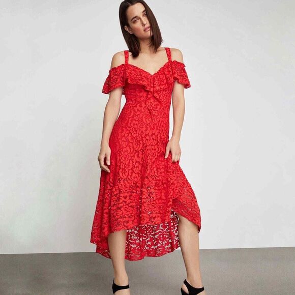 BCBGMAXAZRIA Dress SMALL High-Low Flared Lace Midi Off Shoulder MSRP:  $348.00